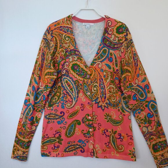Isaac Mizrahi Live Cardigan Paisley Print V Neck Button Front Sweater Size Small - Picture 2 of 8